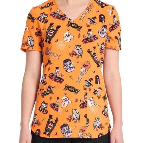 Scrubstar Tops - ScrubStar Orange And Black Halloween Monster Scrub Top 2X